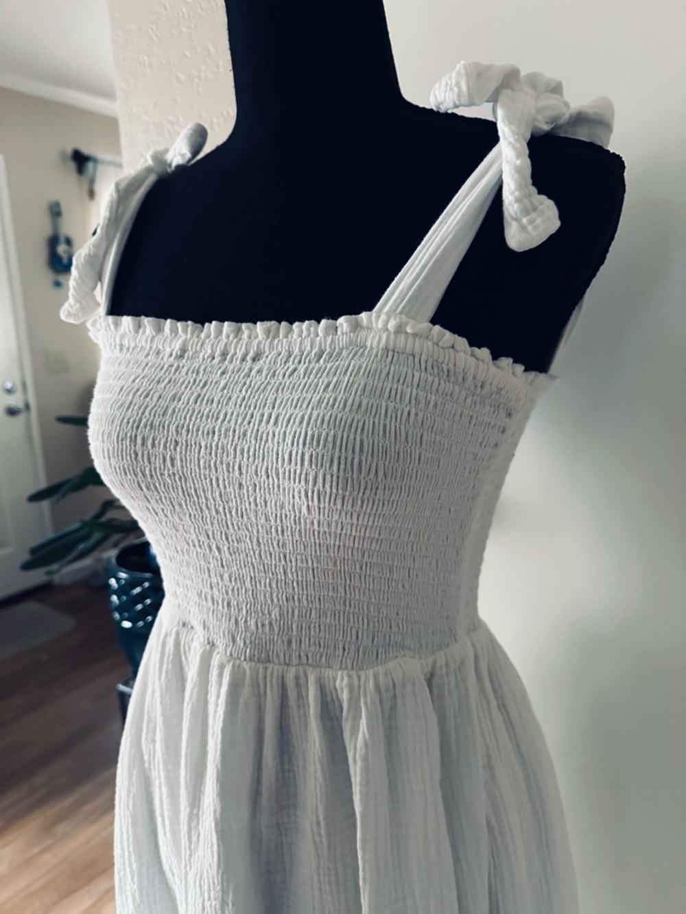 Lush Maxi Dress- XS- White Smocked with Lining and tie straps